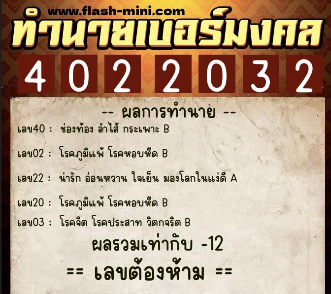 ทำนายเบอร์มงคล 0XX-4022032  ทำนายเบอร์มงคล หมายเลข 062-402203 