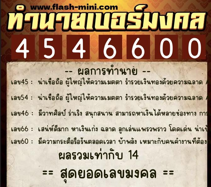 ทำนายเบอร์มงคล 0XX-4546600  ทำนายเบอร์มงคล หมายเลข 083-454660 