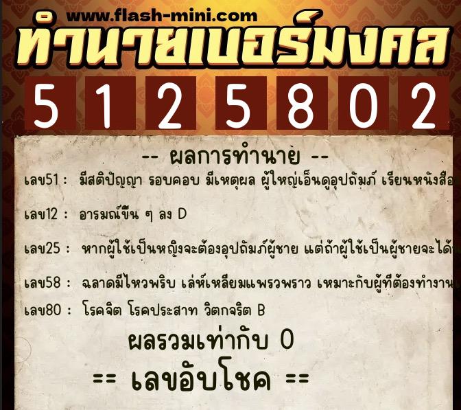 ทำนายเบอร์มงคล 0XX-5125802  ทำนายเบอร์มงคล หมายเลข 096-512580 