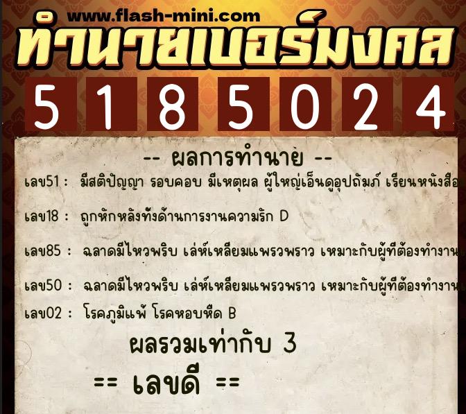 ทำนายเบอร์มงคล 0XX-5185024  ทำนายเบอร์มงคล หมายเลข 065-518502 