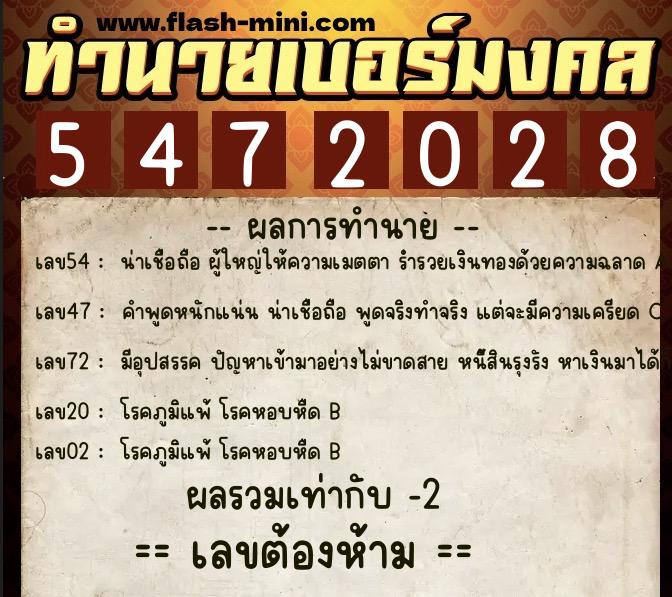 ทำนายเบอร์มงคล 0XX-5472028  ทำนายเบอร์มงคล หมายเลข 094-547202 