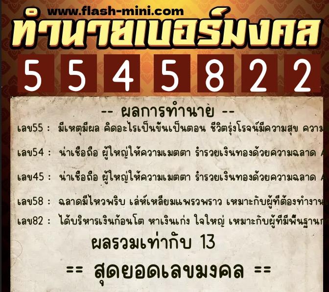 ทำนายเบอร์มงคล 0XX-5545822  ทำนายเบอร์มงคล หมายเลข 096-554582 