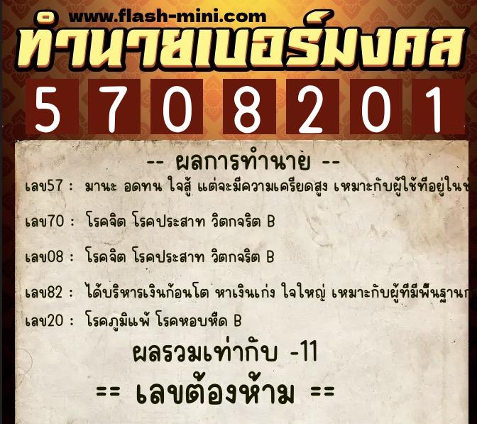 ทำนายเบอร์มงคล 0XX-5708201  ทำนายเบอร์มงคล หมายเลข 063-570820 