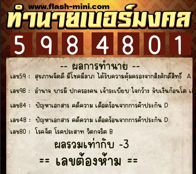 ทำนายเบอร์มงคล 0XX-5984801  ทำนายเบอร์มงคล หมายเลข 068-598480 