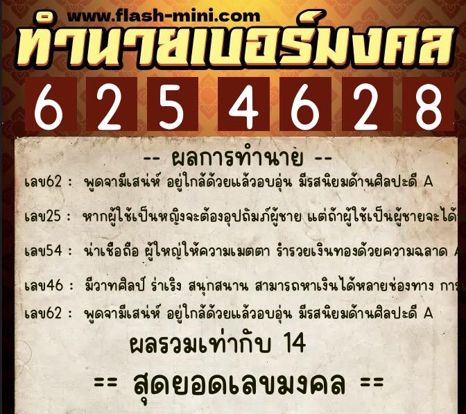 ทำนายเบอร์มงคล 0XX-6254628  ทำนายเบอร์มงคล หมายเลข 081-625462 