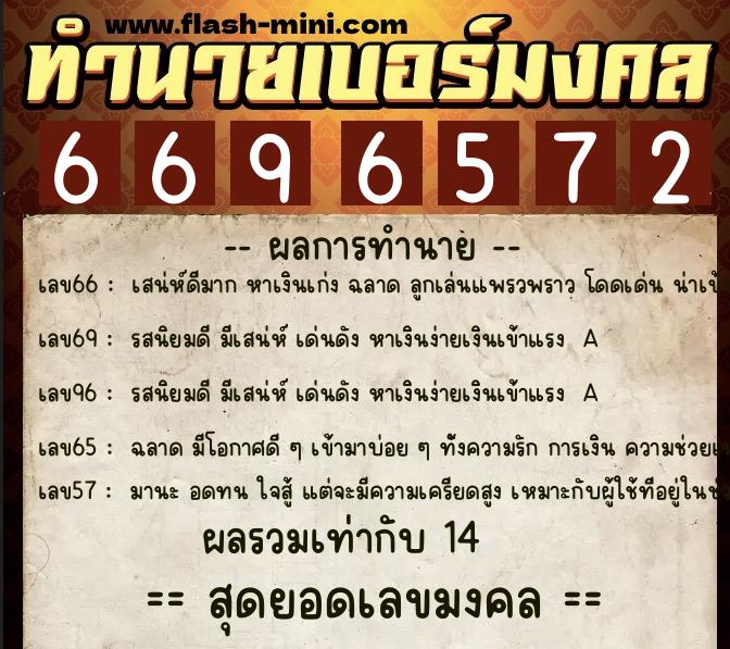 ทำนายเบอร์มงคล 0XX-6696572  ทำนายเบอร์มงคล หมายเลข 092-669657 