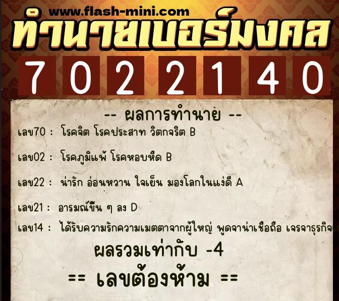 ทำนายเบอร์มงคล 0XX-7022140  ทำนายเบอร์มงคล หมายเลข 093-702214 