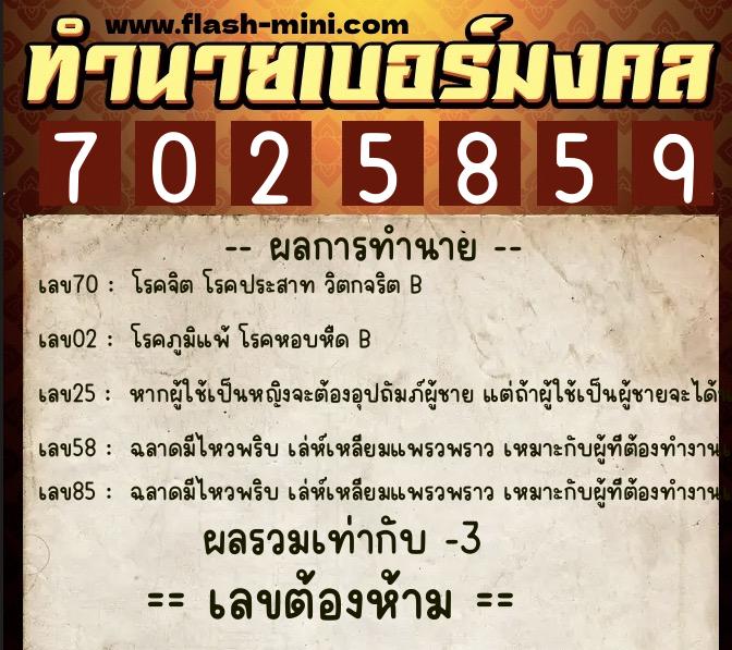 ทำนายเบอร์มงคล 0XX-7025859  ทำนายเบอร์มงคล หมายเลข 091-702585 