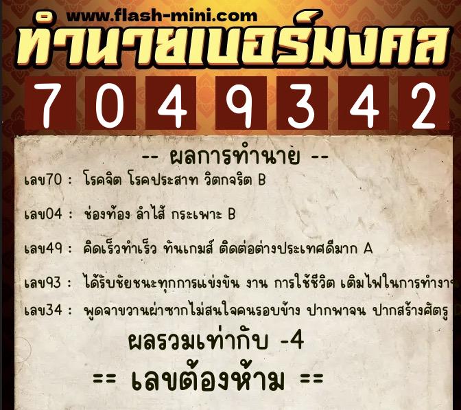 ทำนายเบอร์มงคล 0XX-7049342  ทำนายเบอร์มงคล หมายเลข 092-704934 