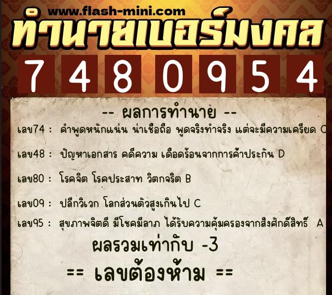 ทำนายเบอร์มงคล 0XX-7480954  ทำนายเบอร์มงคล หมายเลข 096-748095 