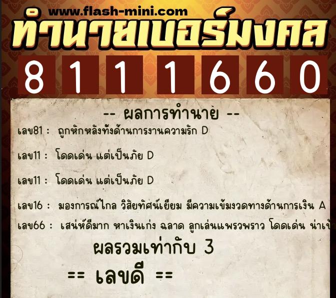 ทำนายเบอร์มงคล 0XX-8111660  ทำนายเบอร์มงคล หมายเลข 061-811166 