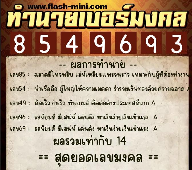 ทำนายเบอร์มงคล 0XX-8549693  ทำนายเบอร์มงคล หมายเลข 064-854969 